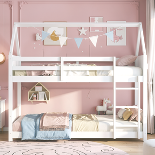 Sunvega Twin Over Twin Wooden House Bunk Bed with Headboards Footboards Guardrails Ladder