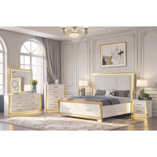 Sunvega Modern White and Gold Finish Five-Drawer Chest with LED Lights
