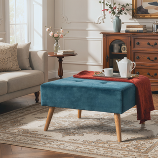 Sunvega Mid Century Modern Tufted Ottoman with Solid Birch Legs for Seating
