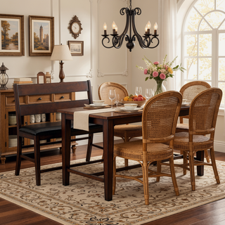 Sunvega Cherry Finish Wood Frame Bench with Dark Brown Faux Leather Upholstered Seat