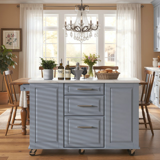 Sunvega Vintage Modern Kitchen Island with Drop Leaf, Tilt Trash Cabinet, and Pull Out Organizer