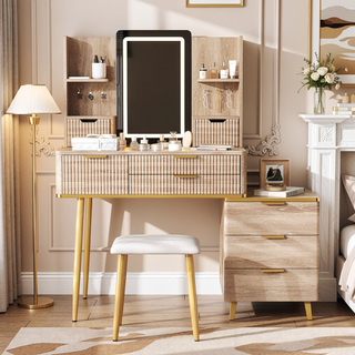 Sunvega 7-Drawer Vanity Desk with LED Mirror Jewelry Storage and PU Stool
