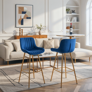 Sunvega 30 inch Set of 2 Blue Velvet Bar Stools with Chrome Footrest and Golden Legs