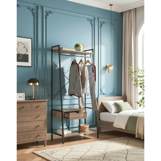 Sunvega Brown and Black Metal Clothes Rack with Hanging Rod and One Drawer