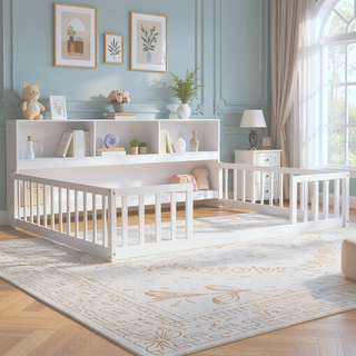 Sunvega Twin Floor Bed with Bedside Bookcase Guardrails and Shelves in Grey