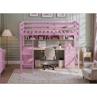 Sunvega Pink Rubber Wood Twin High Loft Bed with Safety Guardrail and Built-in Desk