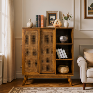 Sunvega Mid Century Modern Rattan Sideboard Cabinet with Adjustable Shelves and Solid Wood Feet