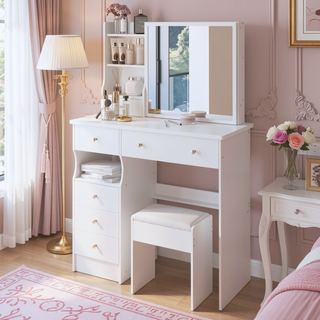 Sunvega Small Size Left Drawer Desktop Vanity Table with Cushioned Stool