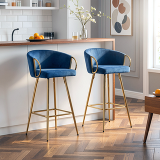 Sunvega 30 Inch Set of 2 Velvet Bar Stools with Chrome Footrest and Golden Leg