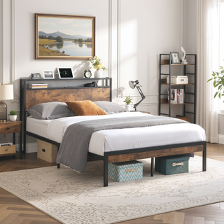 Sunvega Modern Metal Platform Bed Frame with Wooden Headboard and Footboard for Queen Size
