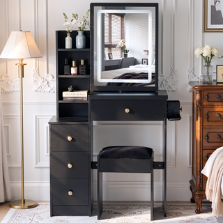 Sunvega Small Size Left Bedside Vanity Table with Cushioned Stool and Touch LED Mirror