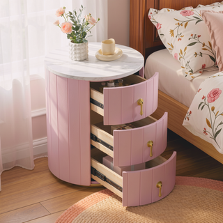 Sunvega Upholstered Round Nightstand with 3 Drawers and Marbling Top