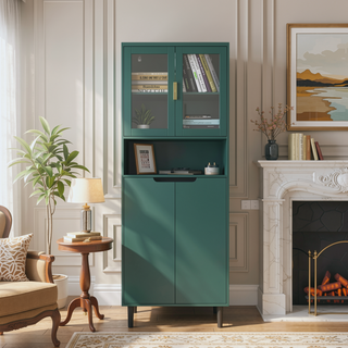 Sunvega Tall Storage Bookcase with 4 Adjustable Shelves and Tempered Glass Doors