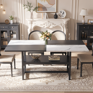 Sunvega Minimalist 71 Inch White and Black MDF Dining Table with Storage Shelf