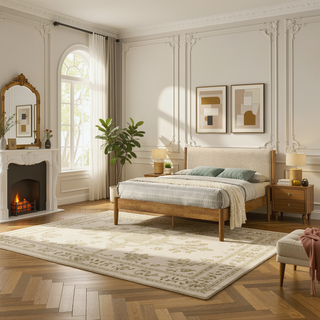 Sunvega 6-Piece Rubberwood Bedroom Set with Queen Bed Dresser Mirror Nightstands Chest