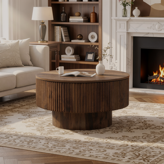 Sunvega MDF Modern Circular Coffee Table with Concealed Storage and Stripe Design