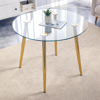 Sunvega Modern Round Dining Table with Silver Metal Legs and Clear Glass Top