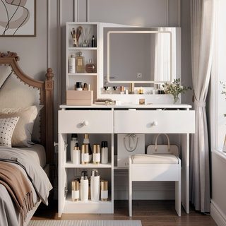 Sunvega White Vanity Desk with Mirror and Lights for Makeup with 3 Color Lighting