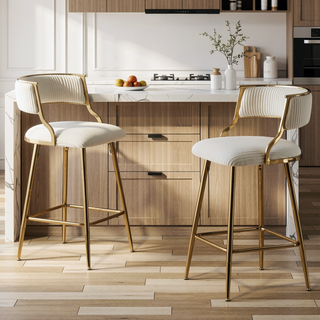 Sunvega Set of 2 Grey Corduroy Bar Stools with Back Golden Chromed Base and Footrest
