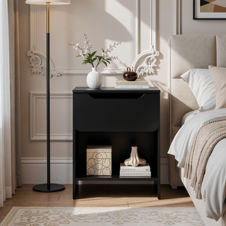 Sunvega Modern Minimalist Black Nightstand with Single Drawer and Open Cubby