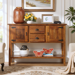 Sunvega Retro Style Solid Pine Wood Sideboard Console Table with 2 Drawers and Cabinets