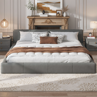 Sunvega Stylish Gray Upholstered King Bed with Faux Leather and Wood Frame