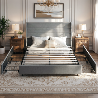 Sunvega Queen Upholstered Platform Bed Frame with Storage Drawers and Headboard