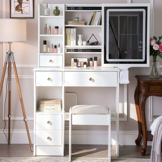 Sunvega Small Space Vanity Table with Cushioned Stool and Extra Large Sliding Mirror