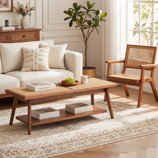 Sunvega Mid-Century Modern Rattan Bench with Natural Finish for Kitchen Dining
