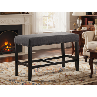 Sunvega Grey Linen and Cotton Fabric Pub Dining Bench with Nailhead Trim