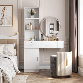 Sunvega 3 in 1 Vanity Desk with Open Top Mirror and Visible Glass Desktop