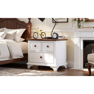 Sunvega Retro White and Walnut Wooden Seven-Drawer Dresser for Bedroom Storage