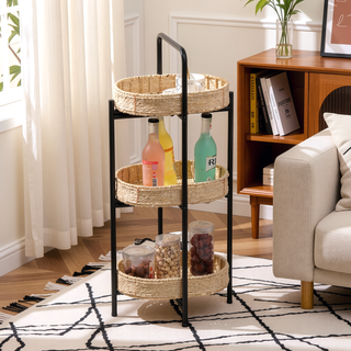 Sunvega 3 Tier Oval Paper Rope Woven Side Table with Detachable Tray Storage Basket