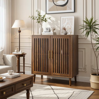 Sunvega Walnut Farmhouse Buffet Cabinet with Louvered Doors and Adjustable Shelves