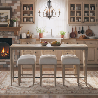 Sunvega Transitional Casual Frosted Glass Console Table with Sand Finish and 3 Stools