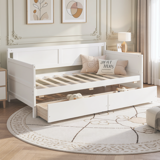 Sunvega Twin Size Pine Wood Daybed with Two Storage Drawers in White
