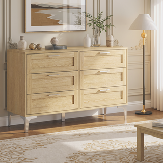 Sunvega 6 Drawer Wood Dresser with Polished Silver Legs and Light Oak Veneer