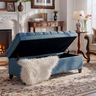 Sunvega Blue Fabric Storage Ottoman with Birch Legs for Living Room Seating