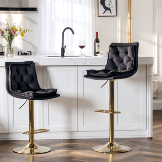 Sunvega Set of 2 Black Velvet Swivel Bar Stools with Chrome Footrest and Adjustable Height