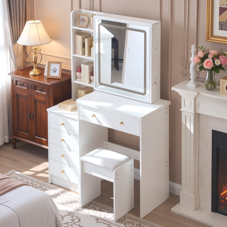 Sunvega 37 Inch Left Bedside Vanity Table with Cushioned Stool and Sliding LED Mirror
