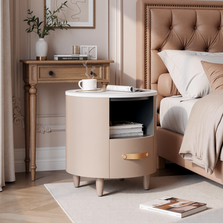Sunvega Blue Round Nightstand with Storage Drawer and Open Shelf for Bedroom