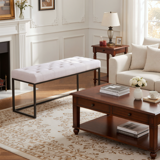 Sunvega Upholstered Button Tufted Ottoman Bench with Polished Metal Legs