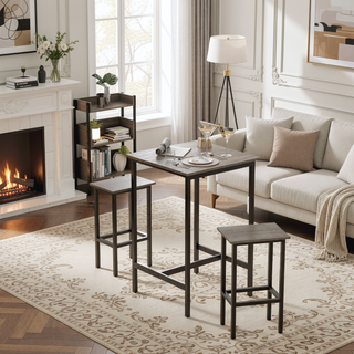 Sunvega Grey Minimalist Bar Table Set with 2 Industrial Stools and Iron Frame