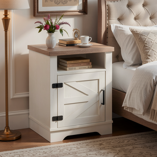 Sunvega Farmhouse Nightstand with Barn Door and Storage for Bedroom or Office
