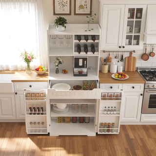 Sunvega Modern Farmhouse White Buffet Cabinet with Hutch for Kitchen Storage and Dining Room
