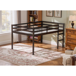 Sunvega Espresso Rubber Wood Low Height Loft Bed with Ladder for Bedroom
