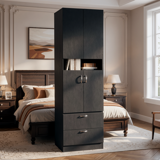 Sunvega Modern Black Wardrobe with Hanging Rod, Two Drawers, and One Shelf