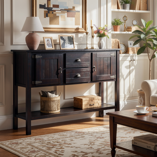 Sunvega Retro Style Solid Pine Wood Sideboard Console Table with 2 Drawers and Cabinets