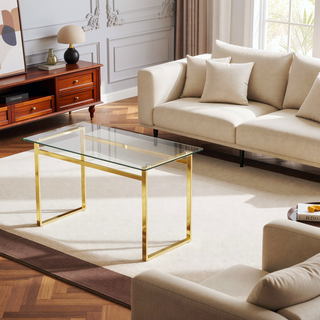 Sunvega Modern Minimalist Rectangular Glass Dining Table with Golden Chrome Metal Legs