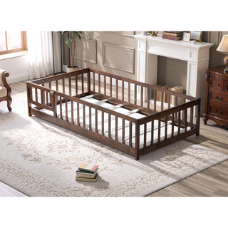 Sunvega Natural Rubber Wood Twin Size Floor Bed with Safety Guardrails and Door